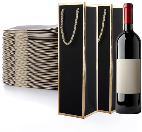LOPYXBR 30 PCS Wine Bottle Gift Bag Black and Gold, 35x9.5x9 cm Single Bottle Bags for Wine, Black Wine Gift Bags with Handles, Reusable Wine Tote Bag for Wedding Birthday Christmas, Valentines