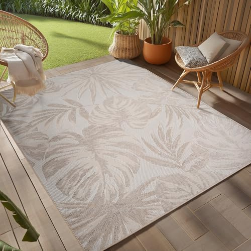Teppium Outdoor Teppich Beige 280x370 cm, Wetterfest & UV-beständig, ideal für Küche, Balkon, Terrasse, Garten auch Wohnzimmer und Esszimmer, Palmblätter-Design