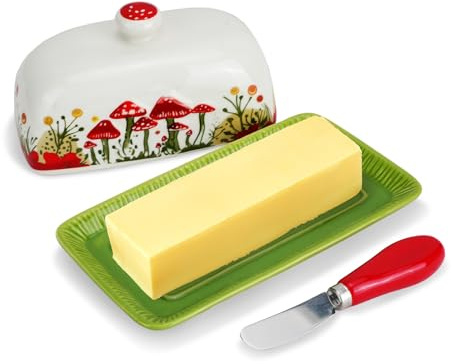 Ceramic Butter Dish with Lid, Butter Keeper Holder, Butter Plate Tray for Kitchen Countertop, Butter Container, Butter Crock Keeper Saver, Butter Dish Covered (Asparagus)