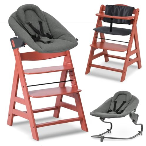 hauck Alpha+ Newborn Set mit Premium Bouncer Dark Grey - Baby Holz Hochstuhl ab Geburt mit Liegefunktion - extra flacher Aufsatz für Neugeborene & Baumwoll Sitzpolster - Cork