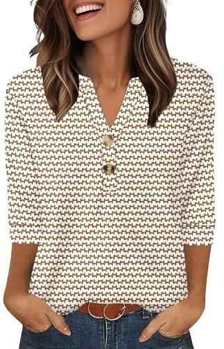 Aokosor Womens 3/4 Sleeve Tops Ladies Blouse V Neck Tunic Long Sleeve T Shirts Curved Hem Office Wear Brown White Floral Size 14-16 for UK