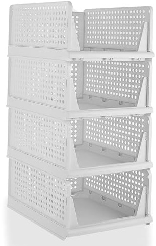 XLARGE 35.5L | H25cm | 4 Pack Stackable Wardrobe Storage Drawers – L43×W33×H25 cm each, Foldable Plastic Closet Organiser Baskets for Bedroom Bathroom Kitchen – Space-Saving Design, White