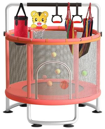 5FT Adjustable Baby Toddler Trampoline with Enclosure Net, Recreational for Indoor Outdoor Use, Kids Ages 1+,kids trampoline with swing,pull ring, basketball hoop, sandbags, balls, etc. (pink)
