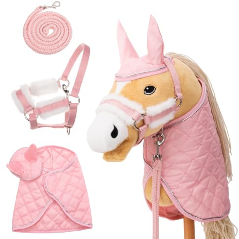 Hoofly Hobby Horse Kit d'accessoires – Licol avec tricot, couverture et bonnet anti-mouches en rose pour hobby Horses [certifié TÜV] – Idéal pour les jeux, l'entraînement et les petits tournois