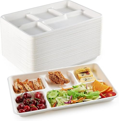 Disposable 5 Compartment Bagasse Plates (11 x 9 inch, 100 Pack) – Heavy Duty Biodegradable Meal Trays | Compostable Paper Plates, Eco-Friendly Food-Safe Divided Tray for Parties Lunch Catering