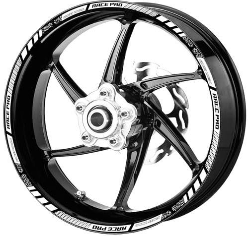 Decalart Kit 18 adesivi cerchi ruote Moto (4 adesivi per lato) RACE PRO Street Racing filetto strisce cerchione universali per ruote da 17 Pollici L267 (Bianco, 17 Pollici)