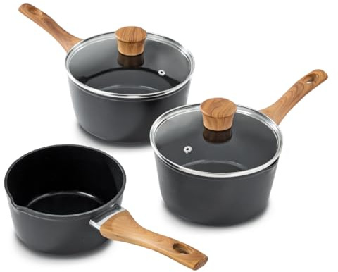 Blackmoor 3-Piece Saucepan Set/Non-Stick Ceramic-Coated Pans with Tempered Glass Lids & Wood Effect Handles, PFAS-Free, Suitable for All Hob Types/Sherwood Classic Range 68289