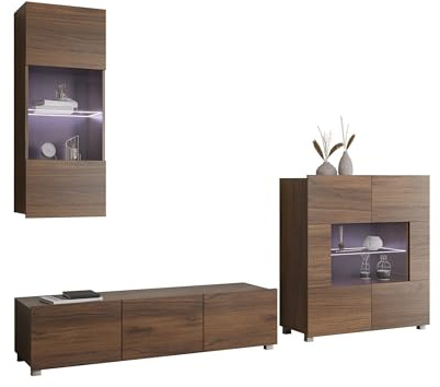 Mirjan24 Moderne Wohnwand Calabrini VII mit Kommode, Anbauwand, Mediawand, TV Lowboard, Hängevitrine, Wohnzimmerschrank, Fernsehschrank (mit Blauer LED Beleuchtung, Nuss Warmia)