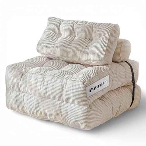 Allyson® Schlafsessel & Bodensofa 3-in-1, Gästebett, Cord-Bezug, Beige | mit Kissen, mit Rückenstütze, für Wohnzimmer & Schlafzimmer, faltbar & platzsparend, anschmiegsame Schaumstofffüllung