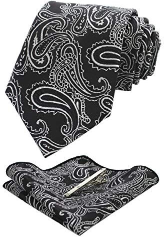 JEMYGINS Graziös Paisley Elegant Herren Krawatte und Einstecktuch mit krawattenklammer Sets (Schwarz)