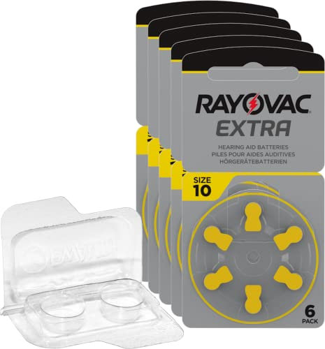 30x Rayovac Extra Advanced 10 Hörgerätebatterien 5x6er Blister PR70 Gelb 24610 + Aufbewahrungsbox für 2 Hörgerätebatterien (10, 13, 312, 675), Batteriebox für 2 Knopfzellen bis 12 mm x 6 mm (Ø x H)