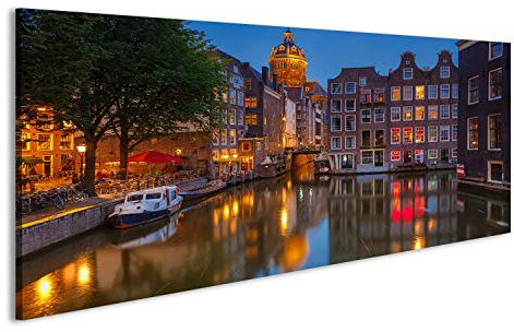 islandburner, Bild auf Leinwand Nachtansicht von Nicolaaskerk in Amsterdam Wandbild Poster Leinwandbild