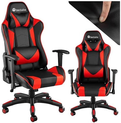 TecTake® Ergonomic Gaming Chair with Thick Padding, Adjustable Armrests & 360° Swivel Function, Height-Adjustable Desk Chair with Headrest & Lumbar Cushion, Ideal Computer & Office Chair - Black/Red