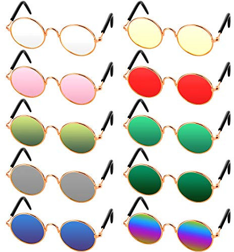 Frienda 10 Stück Katzen- und Hunde-Sonnenbrillen, lustige Haustierbrillen, rund, Metall, Klassische Retro-Sonnenbrille, Haustier, Hippie, niedlicher Hund, Katze, Cosplay, Party, Kostüm,