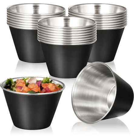 Fit Meal Prep [24 Pack 4 oz Stainless Steel Sauce Cups - Matte Black Individual Round Condiments Ramekins, Commercial Grade Safe/Portion Dipping Sauce Kitchen Set