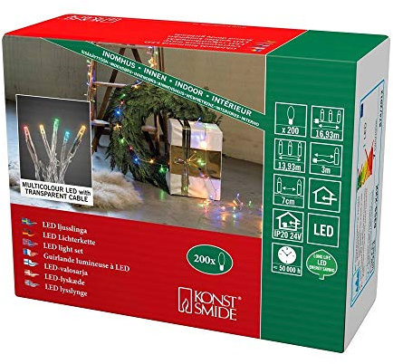 Konstsmide 6355-523 Micro LED Lichterkette/für Innen (IP20) / 200 bunte Dioden / 24V Innentrafo/transparentes Kabel