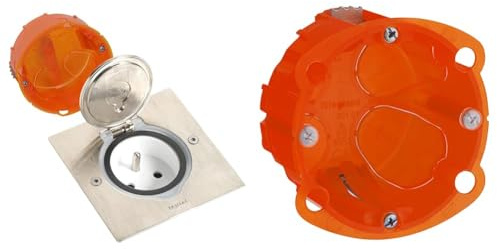 Legrand 092110 Prise de Sol Inox Étanche IP44 avec Clapet de Protection + Boite à Encastrer, Aluminium & 090501 Boîte à Encastrer Batibox Multimatériaux, 1 Poste, 40mm Profondeur, Orange