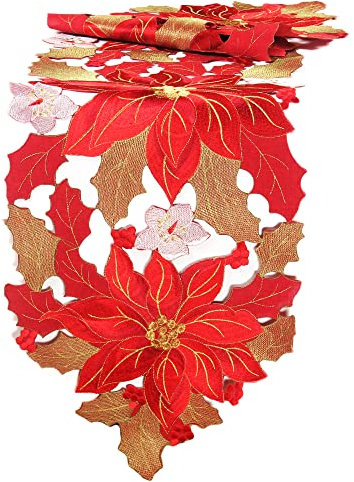 Weihnachten - Winter - Weihnachtsstern Poinsettie Stickerei Polyester Tischläufer ca. 40 x 150 cm zugespitzt, Rot