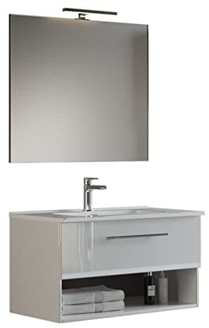 Mama Store GEA2 100 - Mobile Bagno Sospeso 100 CM Cassetto e Vano a Giorno Bianco Lucido Laccato con Lavabo, Specchio e Lampada LED, L.101 X P.46 X H.45 cm