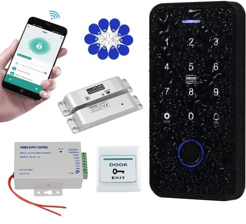 QTTYELOK IP68 Imperméable à l'eau Système de Contrôle d'accès Kit Bluetooth Tuya RFID Clavier Empreinte Digitale + Serrure électrique + 10pcs Keychains pour la Maison 13.56MHz