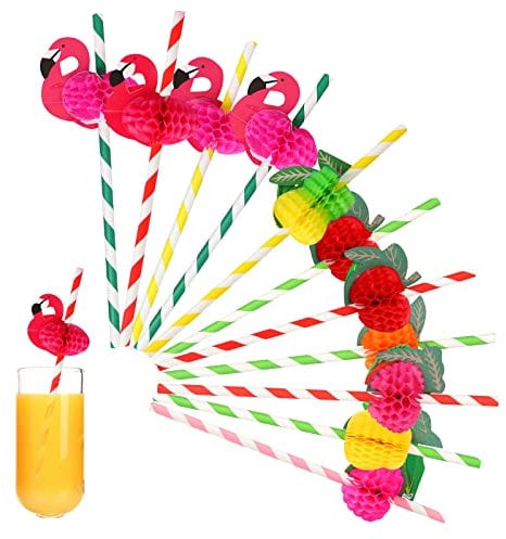 60Pcs Cocktail Straws 3D, Flamingo Fruit Paper Straws Summer Party Cocktail Decorations Aloha Hawaii Drinking Straw Hen Party Straws Fancy Craft Straw for Beach, Pool Party, Cocktail Party Supplies