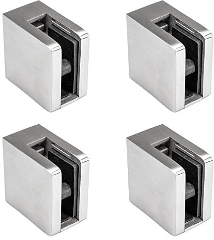 PRIOstahl Glashalter 4 Stück Glasklemmen Klemmhalter Glasplattenhalter mit Sicherungsplatte + Sicherungsstift 45 x 45 x 26 mm Anschluss: Flach für Glas 8,76 mm aus Edelstahl V2A