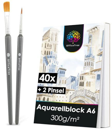 OfficeTree 40x Papier Aquarelle A6 300g avec 2 Pinceaux - Feuille Aquarelle A6 - Papier Aquarelle 300g - Bloc Aquarelle Papier pour Aquarelle - Papier Dessin A6 - Watercolor Paper - Bloc Dessin A6