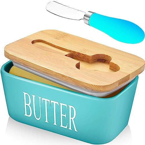 Beurier avec Couvercle et Couteau à Beurre, Beurrier en Verre en Porcelaine, Boite Beurre, Boite à Fromage pour Frigo Anti Odeur, Beurrier Ceramique pour Beurrier 250g (Bleu Clair)
