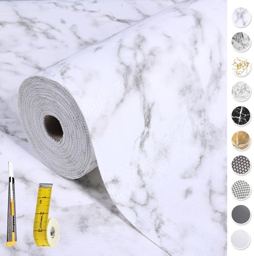 Forro para cajones y estantes para armario de cocina: 12 pulgadas x 20 pies, antideslizante, impermeable, papel no adhesivo, forro de mármol blanco, fácil de revestir para baño con cinta métrica de