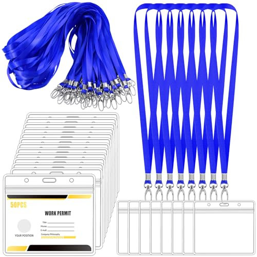 Mardatt Lot de 25 étiquettes transparentes avec cordon tour de cou, étiquettes horizontales en plastique avec crochet pivotant, pour école de commerce (bleu)