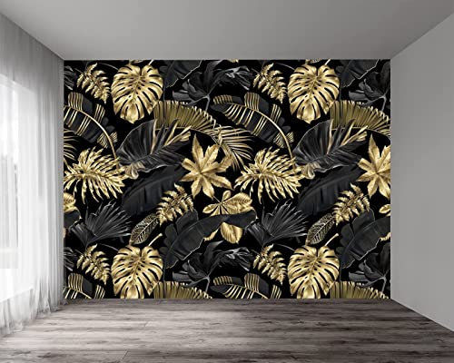 Papier Peint Panoramique Feuille De Bananier Noire Et Dorée Papier Peint Intissé 3D Tapisserie Poster Decoration Murale Chambre Salon