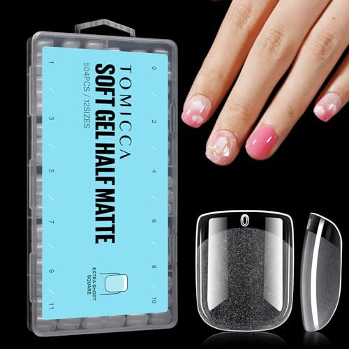 TOMICCA 504 Pièces Capsule Americaine Ongle, 12 Tailles Faux Ongles, Carré Ultra Court Transparent Couverture Complète, Avec Valise De Rangement, Pose Americaine Capsule pour Diy Nail Art