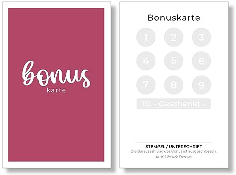 Frank Paperman | 200x Bonuskarte für Kunden in Magenta | Visitenkartenformat | 10er Bonus Treuekarten zum Abstempeln | Stempelkarten | pink loyalty card