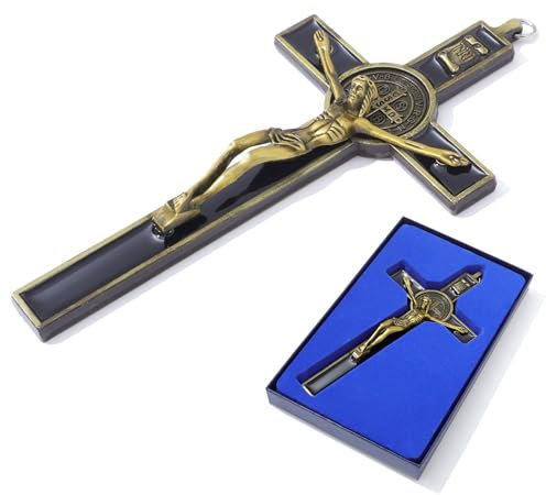KOMI Kruzifix-Wandkreuz, 19 cm, schwarze Emaille, Kruzifix, Wandbehang, Kreuz, Heiliger Benedikt, Metall-Wandkunst, katholischer Glaube, Geschenk für Familie, Freunde