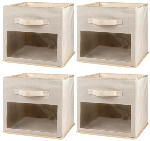 BinWhiz Aufbewahrungsboxen Stoff mit Griffen, 4er Set, 33 x 33 x 33 cm, Faltbare Aufbewahrungskiste mit Transparentes Fenster, Multifunktionelle Aufbewahrungsbox für Schlafzimmer, Schrank (Beige)