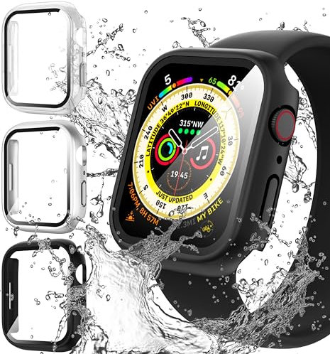 Diruite 3 Pièces Couqe pour Apple Watch Series 9/8/7 45mm Protection Écran Résistant à L'eau,HD Résistant aux Rayures Verre Trempé PC Matériel Case pour iWatch 45mm