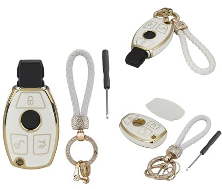TPU 3 Buttons Key Fob Cover For Mercedes Benz C E G R S SL SLK Class W203 W204 W205 W210 W211 M-ercedes Remote Key Shell Cover with Keychain Screwdriver (White)