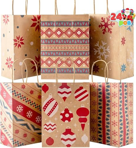 JOYIN 24 PCS Weihnachten Kraft Geschenk-Taschen Xmas Papier Goody Wrap Taschen mit haltbaren Griffen und nicht-brechenden Böden für Urlaub, Geburtstage und Party Favors 21cm x 15cm x 8cm