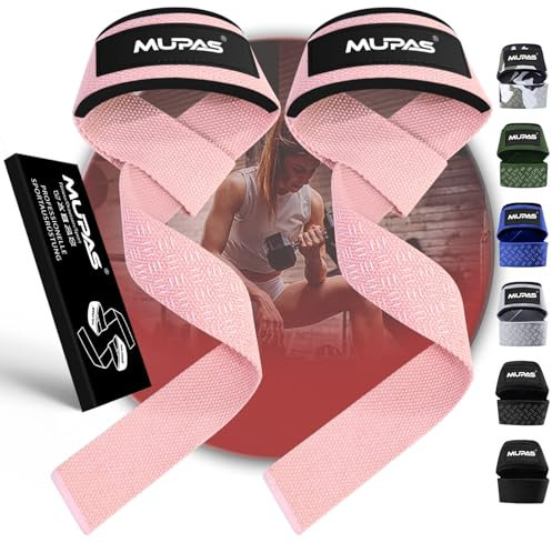 MUPAS Zughilfen für Krafttraining & Bodybuilding (gepolstert) – Profi Lifting Straps 58.5cm Länge–Rutschfestes Silikon– Gym Straps für Fitness,Kreuzheben,Weightlifting (Rosa)