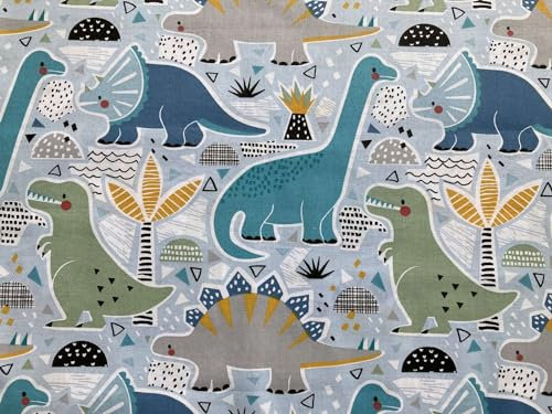 100x150cm Jungen Stoffe für Kinder mit Tiere – Dinosaurier Baumwollstoffe zum Nähen - Kinderstoffe aus 100% Baumwolle für Jungen - fester Stoff gemustert mit Dinos Motiven auf Blau - keine Meterware