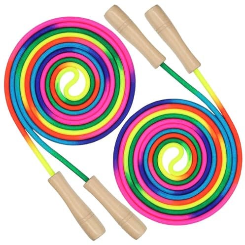 2 Pack Long Skipping Rope - 16 FT Rainbow Jumping Rope, Multiplayer Skipping Ropes with Wooden Handle, Adjustable Skipping Rope for Outdoor Fun, School Sport, Fitness Workouts