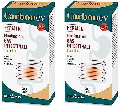 ERBA VITA Carbon EV Ferment integratore alimentare, a base di Carbone attivo e Bromelina, utile in caso di gonfiore addominale, difficoltà digestive e formazione di gas - Formato 30 Capsule