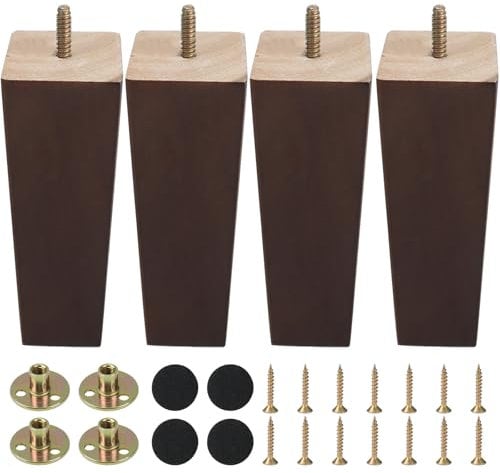 Zythrem Wooden Furniture Legs 15cm/6inch Walnut Sofa Legs Set of 4 Wooden Bed Leg Chair Leg Square Furniture Feet Replacement Sofa Feet with Mounting Plates Screws Protection Pad for Couch Cabinet