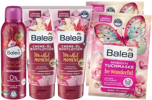 Balea 5er-Set Hautpflege: Deospray WARM WISHES duftet nach Kirsche & Rose (200 ml) + Bodylotion Creme-Öl MINDFUL MOMENT (2 x 200 ml) + Tuchmaske bedruckt BE WONDERFUL Schmetterling (2 Stück), 600 ml