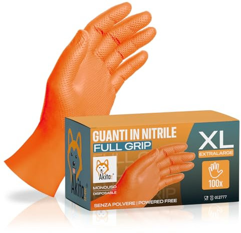 AKITAInk Guanti Nitrile Diamond 8,5g Extra Resistenti – 100 PZ (2 Confezioni da 50) – Full Grip con Finitura Diamantata, Heavy Duty – Guanti da Lavoro Aderenti e Antiscivolo (XL)