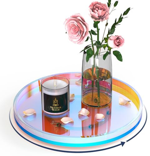 NiHome 9 Inch Turntable Acrylic Vanity Organizer Tray for Condiments Cosmetics, Multipurpose Non-Slip Decorative Tray Organizer for Kitchen Bathroom Living Space, Modern Minimalist Design(Iridescent)