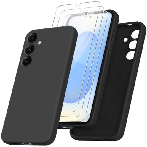 jrester Cover per Samsung Galaxy S24/S25 5G con 3 Vetro Temperato Pellicola Protettiva, Nero Morbido Silicone Protettiva Custodia per Samsung Galaxy S24/S25 5G