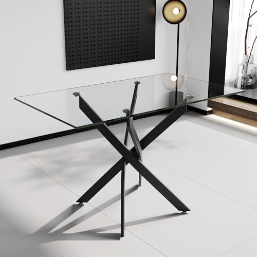 IMHKAM Table à Manger en Verre Trempé, Table Noire Moderne Base en Métal pour 4 Personnes, 110 x 70 x 75 cm (Noir)