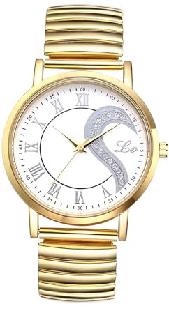 JewelryWe Herrenuhr Herz Elastische Uhren: Strass Semi Herz Buchstaben Love Analog Quarz Armbanduhr Herren Gold Edelstahl Stretch Armband Uhr mit Zugarmband & Weiß Römischen Ziffern Zifferblatt