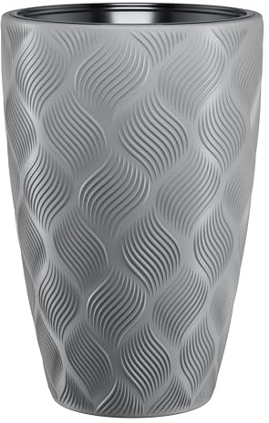 B2C Round Tall Plant Pot Elegant Large Flower Indoor Outdoor Garden Planters Flow High 5 Colours Wave Plastic Textured With insert (Platinum, H48cm x D29cm)